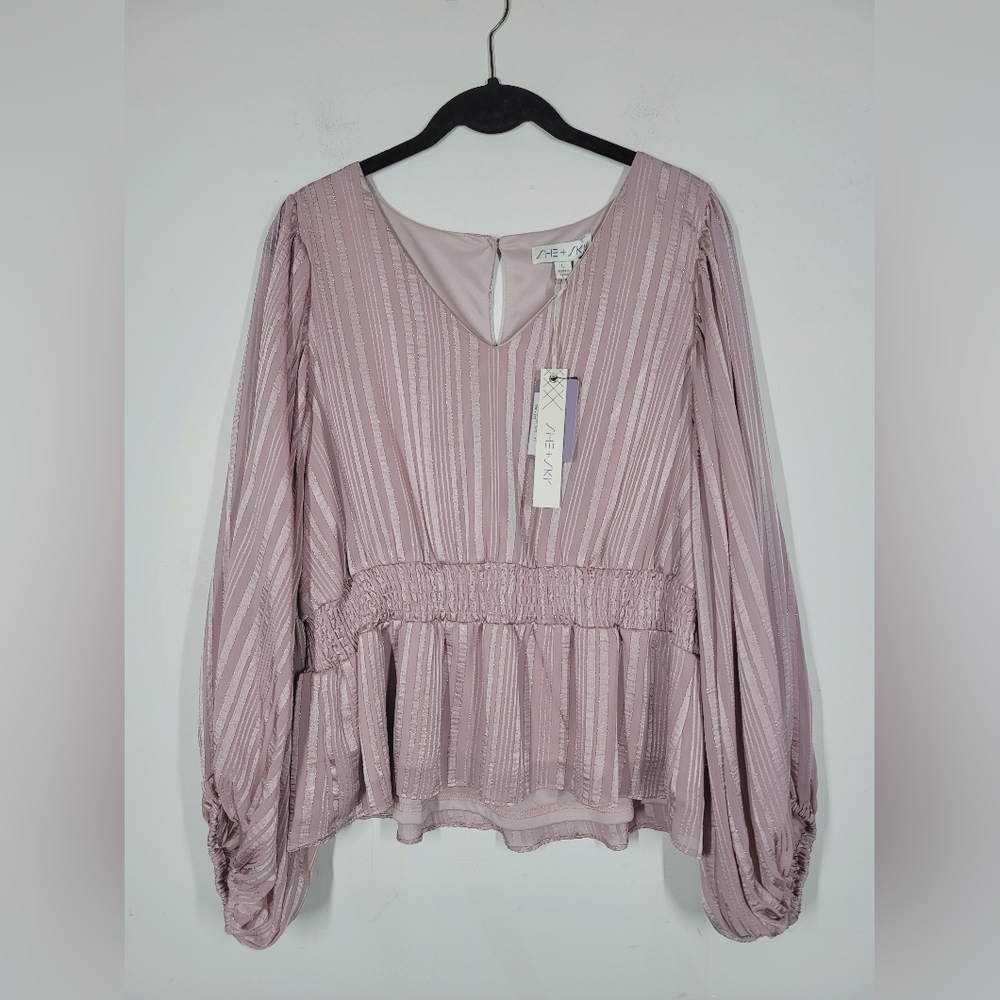 She + Sky Striped Jacquard Smocked Long Sleeve Top In Misty Pink, Size Large - Picture 2 of 6